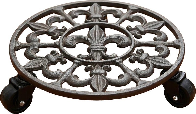 Comfy Hour Rustic Style Collection Cast Iron Spike Garden Plant Trolley Flowerpot Holder,11" with Heavy Duty Super Strong Industrial Strength Iron Wheels - Image 3